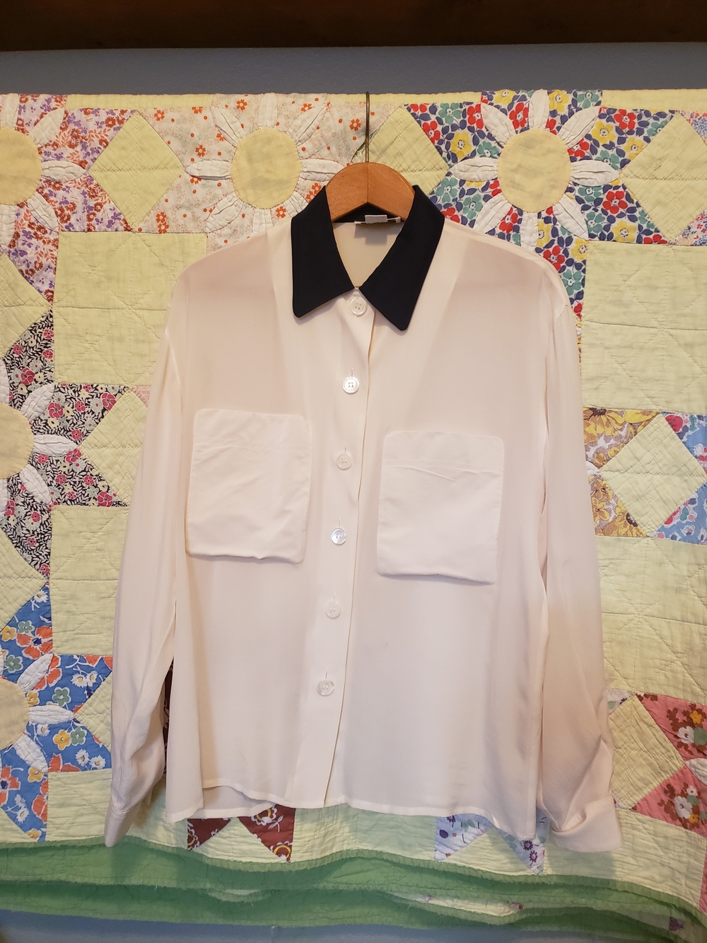 Christian Dior Cream Button-Down Blouse with Navy Blue Collar